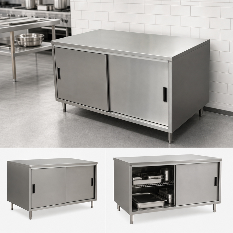 Product image #3 for BK Resources Enclosed Chef Table with Sliding Door Cabinet Base, 36 x 30 x 34-3/4 Inches, 14-Gauge 304 Stainless Steel Top