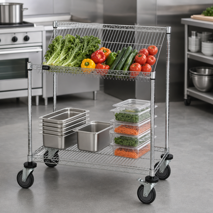 Product image #3 for Quantum Mobile Wire Shelving Cart with Flat and Slanted Shelves, 48 x 24 x 40 Inches, Chrome Plated
