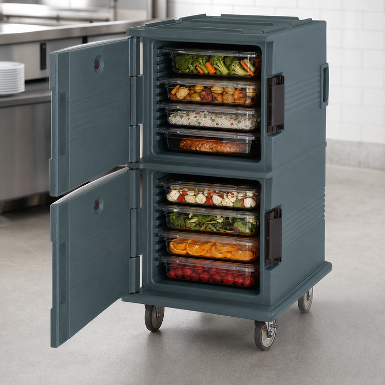 Product image #4 for Cambro Ultra Camcart® Double-Compartment Front-Loading Insulated Food Pan Carrier with HD Casters, Granite Gray
