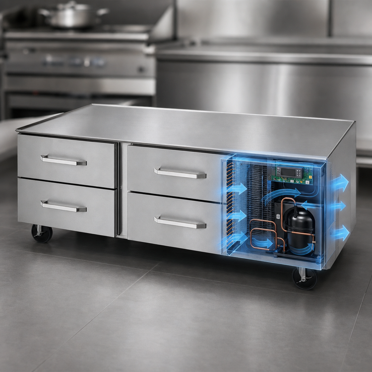 Product image #3 for Randell 105-Inch Three-Section Self-Contained Refrigerated Chef Base Equipment Stand with 6 Drawers, Left-Side Compressor