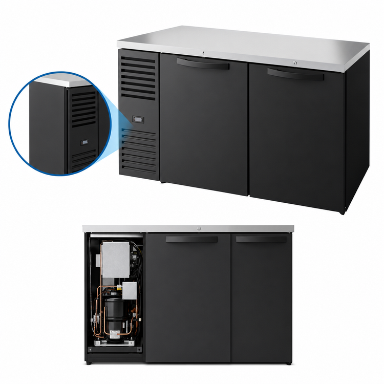 Product image #3 for True 60-Inch Two-Section Refrigerated Back Bar Cooler with Self-Contained Side-Mounted Refrigeration, Stainless Steel Top, and Black Exterior