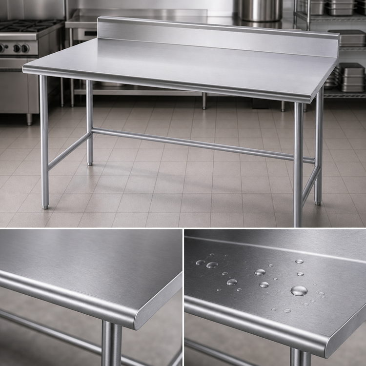 Product image #3 for Advance Tabco 108-Inch x 30-Inch 14-Gauge 304 Stainless Steel Open Base Work Table with 5-Inch Backsplash