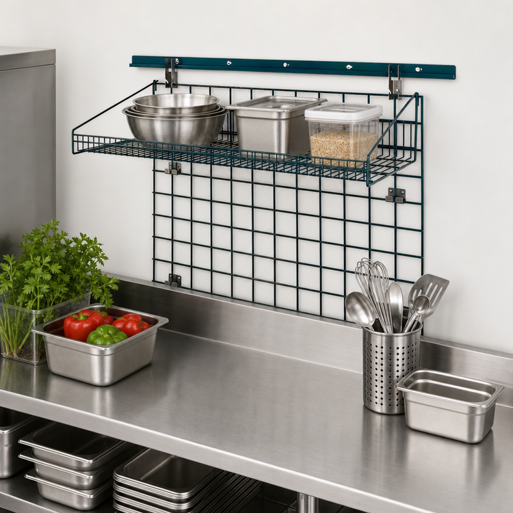 Product image #3 for Quantum Store Grid Standard-Duty Wall-Mounted Starter Shelf Kit with 36W x 18D Shelf and Grid Panel