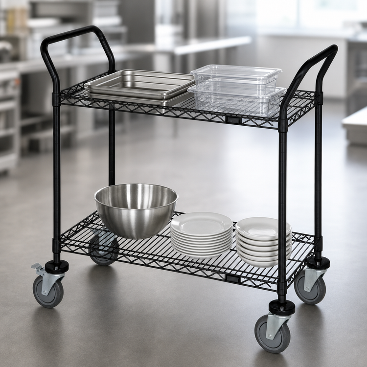 Product image #3 for Quantum Black Epoxy Antimicrobial Wire Utility Bus Cart with 2 Shelves, 36 x 18 Inches