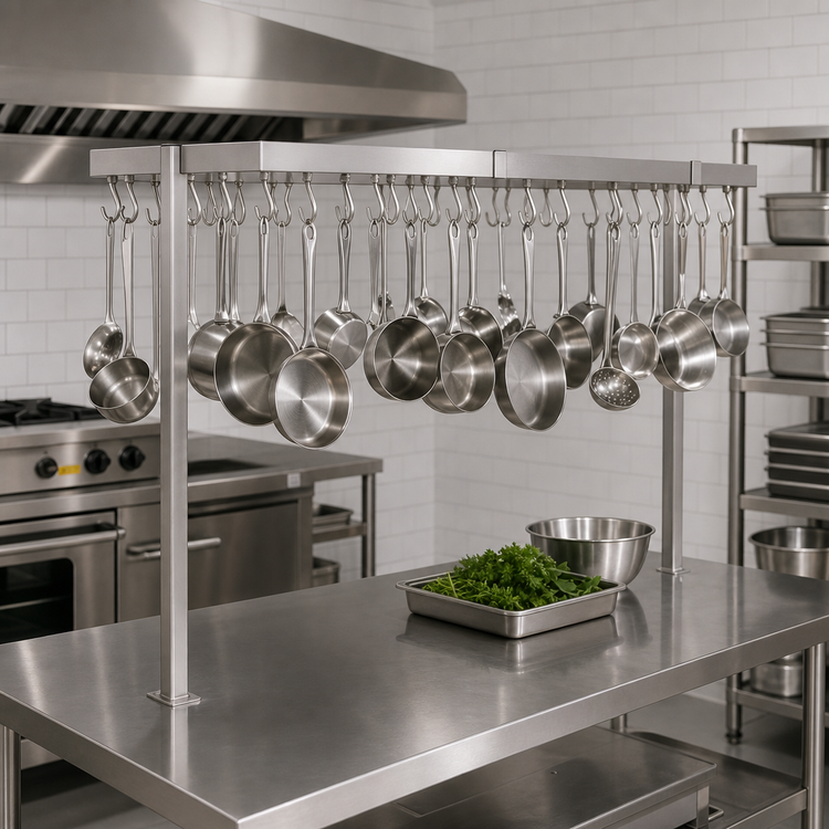 Product image #3 for John Boos Square Table-Mounted Stainless Steel Pot Rack with 36 Double Hooks