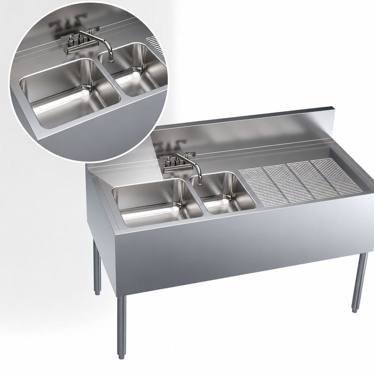 Product image #3 for Krowne Royal Series Two-Compartment Underbar Sink Unit with Right Drainboard and Faucet, 48 Inch W x 24 Inch D