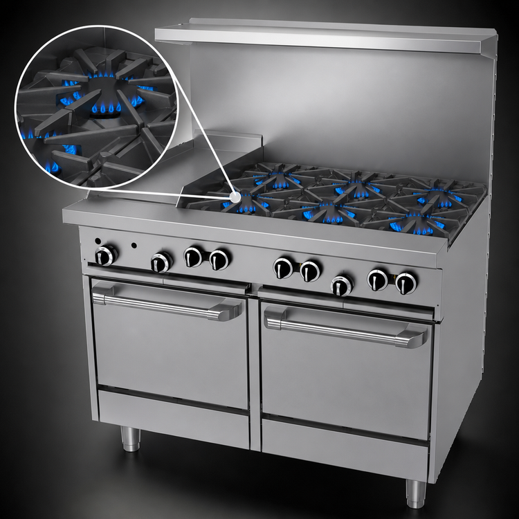 Product image #3 for Garland G Starfire Pro 48-Inch Gas Restaurant Range with 6 Open Burners, 12-Inch Griddle, and 2 Space-Saver Ovens