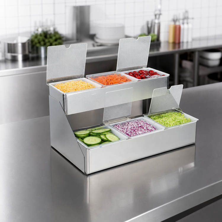 Product image #3 for 2-Tier Stepped Condiment Center with Individual Notched Lids, 6 x 1-Quart Inserts, Stainless Steel