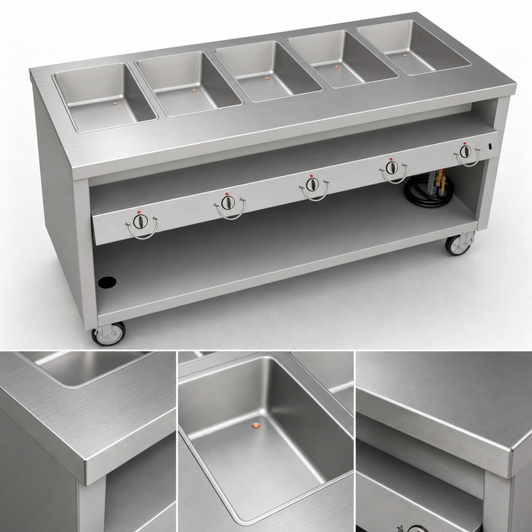 Product image #3 for Thurmaduke TEHF-74 5-Pan Mobile Electric Hot Food Unit with Open Base