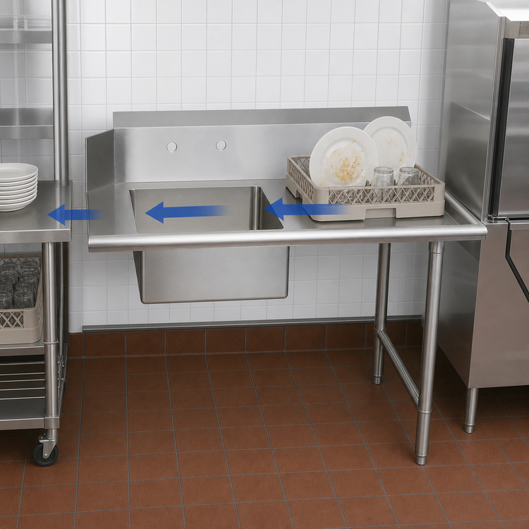 Product image #3 for John Boos 48 Inch x 30 Inch Soiled Straight Dish Table with Right-to-Left Operation and 20 Inch x 20 Inch x 8 Inch Pre-Rinse Sink