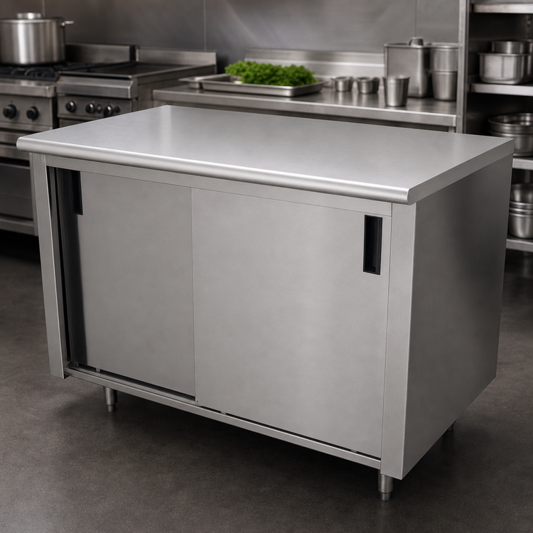 Product image #3 for Advance Tabco 84-Inch x 36-Inch Enclosed Work Table with Sliding Doors and Mid-Shelf