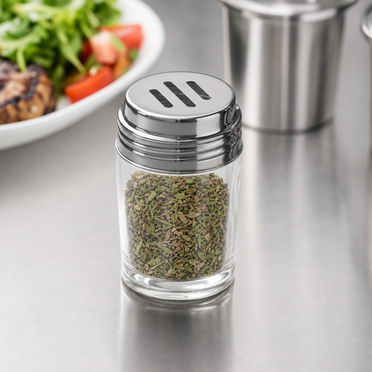 Product image #3 for American Metalcraft 6 oz Contemporary Clear Glass Spice Shaker with Slotted Stainless Steel Top