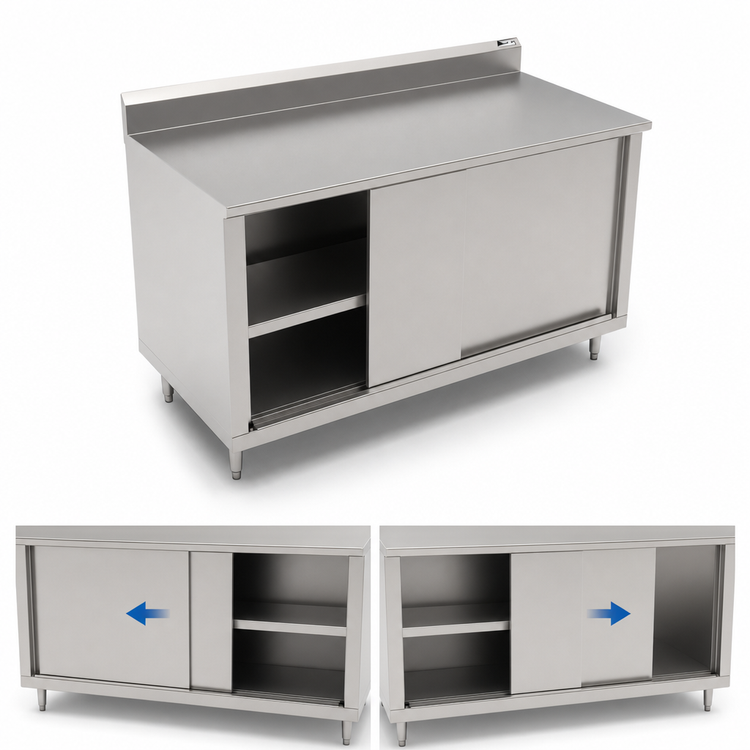 Product image #3 for John Boos 72 Inch x 30 Inch Stainless Steel Enclosed Work Table with Sliding Doors, 5 Inch Backsplash, and Stallion Safety Edge