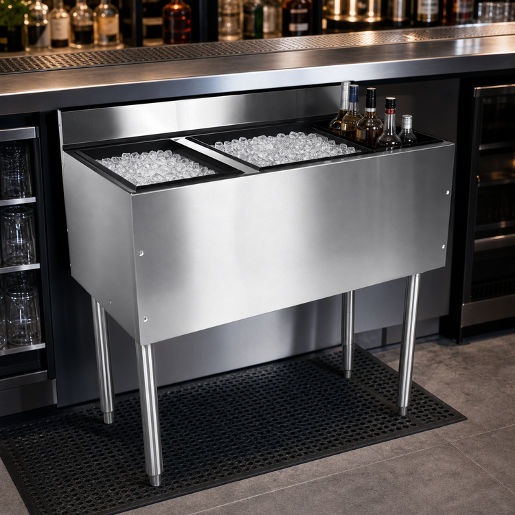 Product image #3 for CHOICE 48-Inch Stainless Steel Underbar Combo Ice Bin and Cocktail Unit with Right-Side 6-Bottle Storage