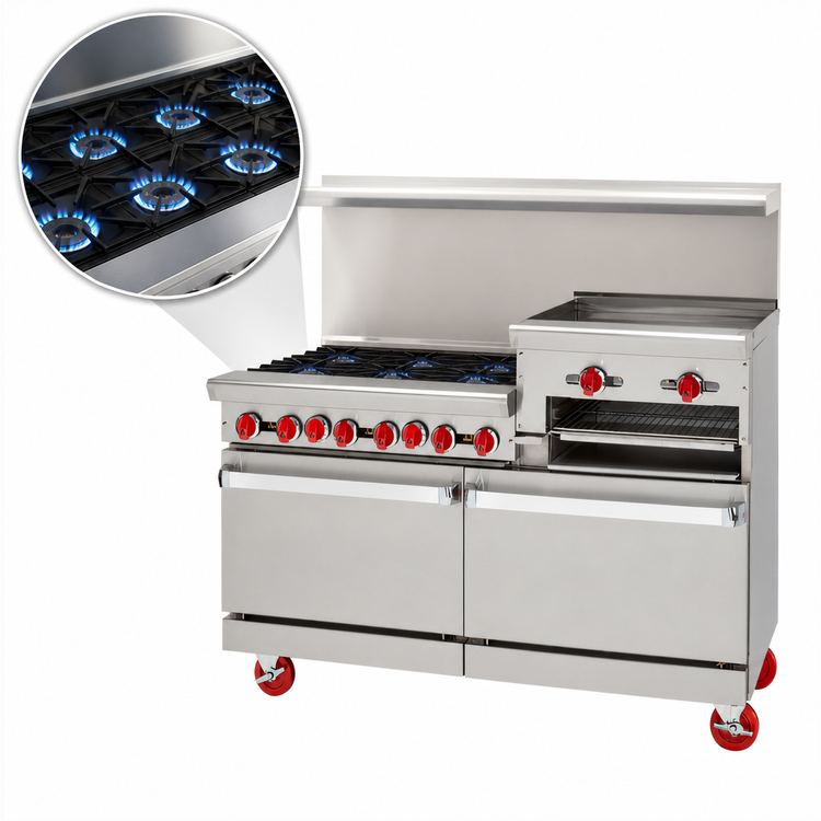 Product image #3 for American Range 72-Inch Gas Restaurant Range with 8 Open Burners, 24-Inch Griddle/Broiler, and 2 Convection Ovens