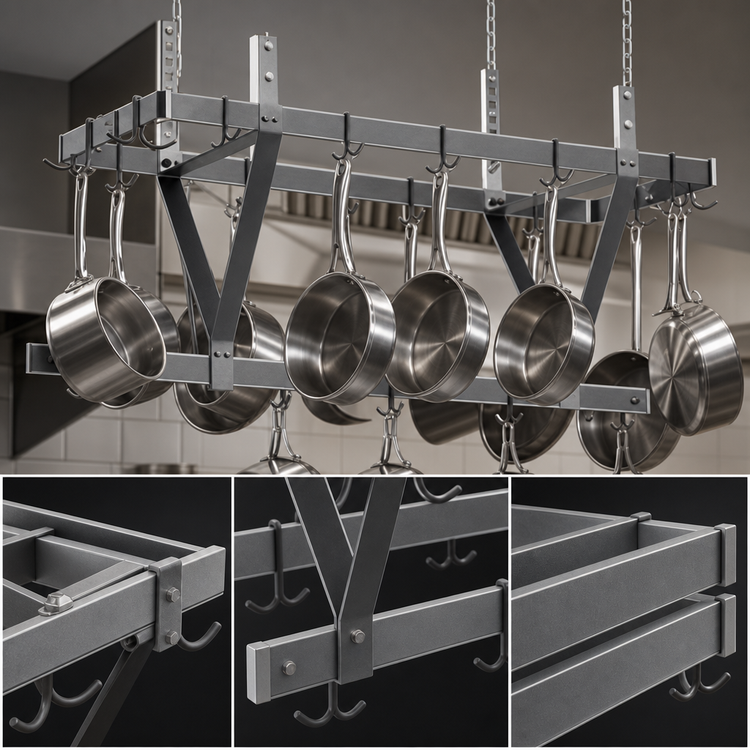 Product image #3 for Eagle CM48APR-X Ceiling-Mounted Triple-Bar Aluminum Pot Rack — 40 Inches W x 20 Inches D x 18 Inches H (Includes 12 Double-Prong Hooks & 24 Inches Chains)