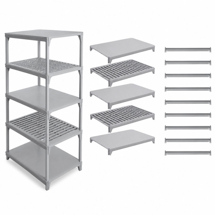 Product image #4 for Cambro Camshelving Premium Polymer Shelf Kit, 18"W x 60"L, 5 Shelves, Vented and Solid, Speckled Gray