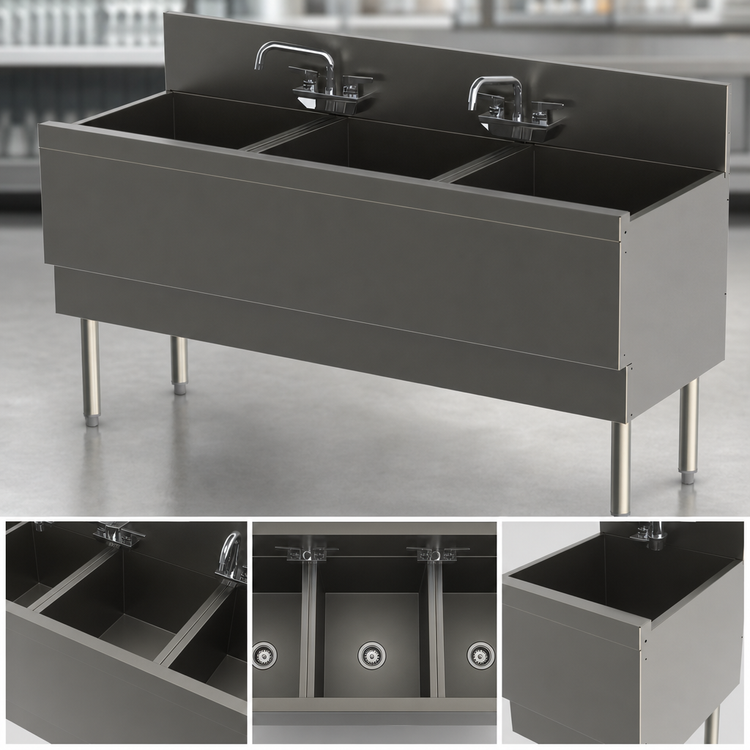 Product image #3 for Top Shelf TSF Series Extra-Capacity Three-Compartment Underbar Sink Unit, 54 Inch W x 24 Inch D, Stainless Steel