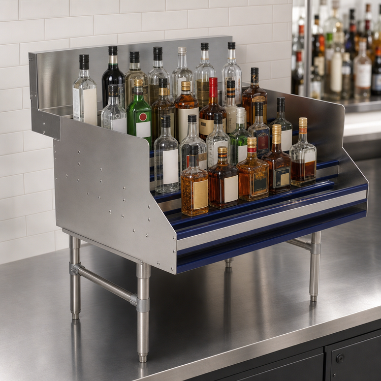 Product image #3 for Prestige 5-Step Freestanding Stainless Steel Liquor Bottle Display Unit with Rear Storage Deck