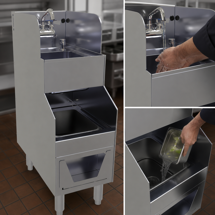 Product image #3 for Glastender FS12 12-Inch Underbar Hand & Wet Waste Sink with Dual Bowls, Soap Dispenser & Paper Towel Dispenser
