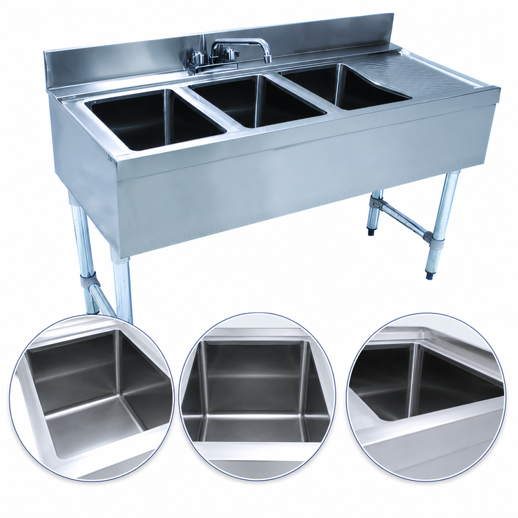 Product image #3 for Advance Tabco Underbar Basics 3-Compartment Bar Sink Unit with Right Drainboard and Deck-Mount Faucet, 48 x 21 x 33 Inches