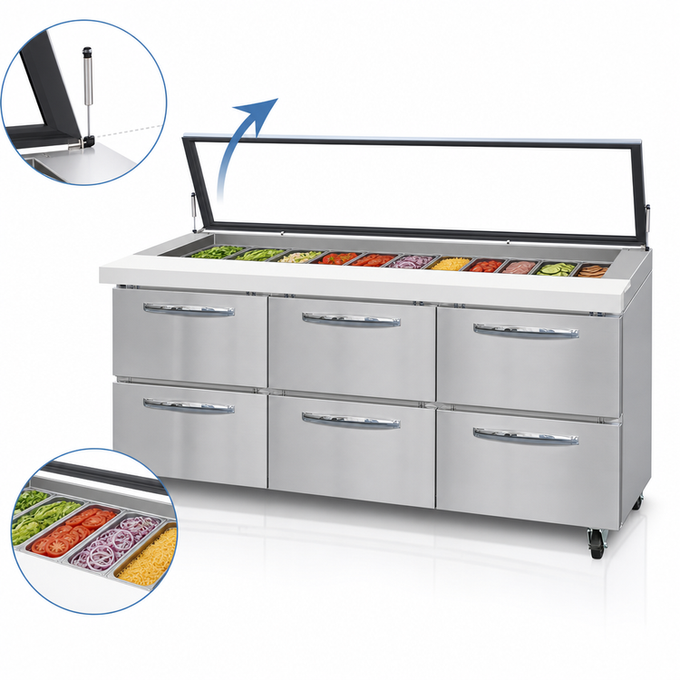 Product image #3 for Mighty Top SW72N30M-HGL-D 72" Three-Section Sandwich Unit with Hinged Glass Lid