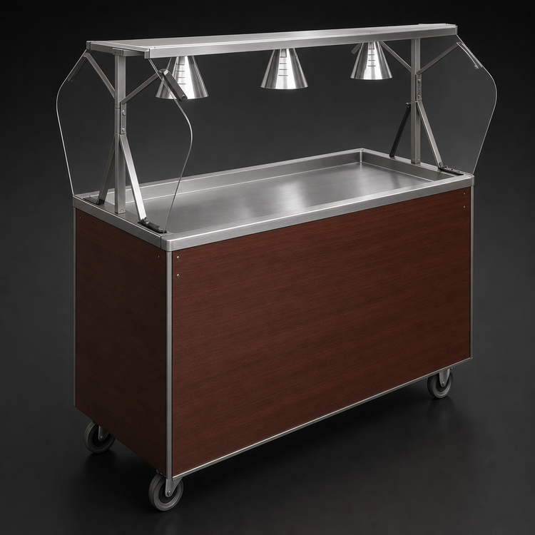 Product image #3 for Vollrath 46 Inch 3-Pan Non-Refrigerated Cold Food Station with Buffet Breath Guard and Open Storage Base, Cherry Woodgrain