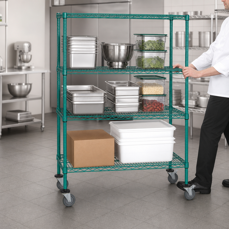 Product image #3 for Quantum 60 Inch Wide 4-Shelf Mobile Wire Shelving Cart with 5 Inch Casters, Green Epoxy Antimicrobial Finish