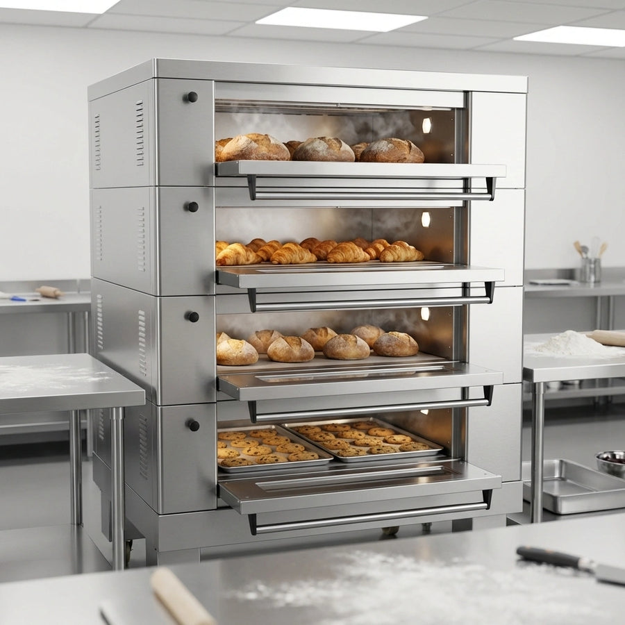 This image showcases the American Baking Systems 4-Deck Electric Deck Oven, demonstrating its expansive four-deck capacity for high-volume baking.