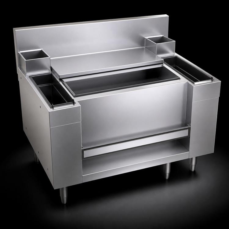 Product image #3 for Glastender Casino Style Underbar Combo Ice Bin and Cocktail Station with Bottle Wells and 10-Circuit Cold Plate, 36 Inch