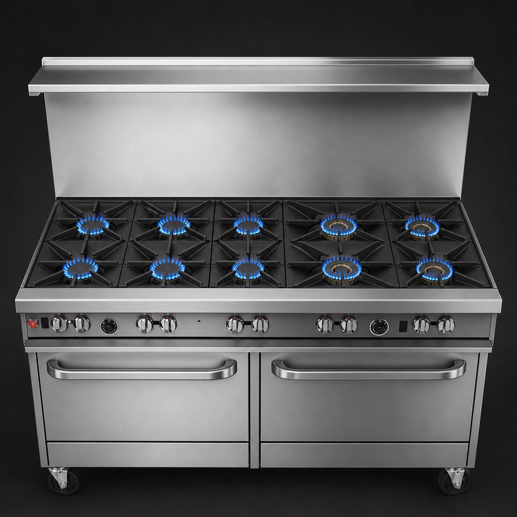 Product image #3 for Southbend Ultimate 60-Inch Commercial Gas Range with 9 Open Burners, 2 Cabinets, and Backriser Shelf