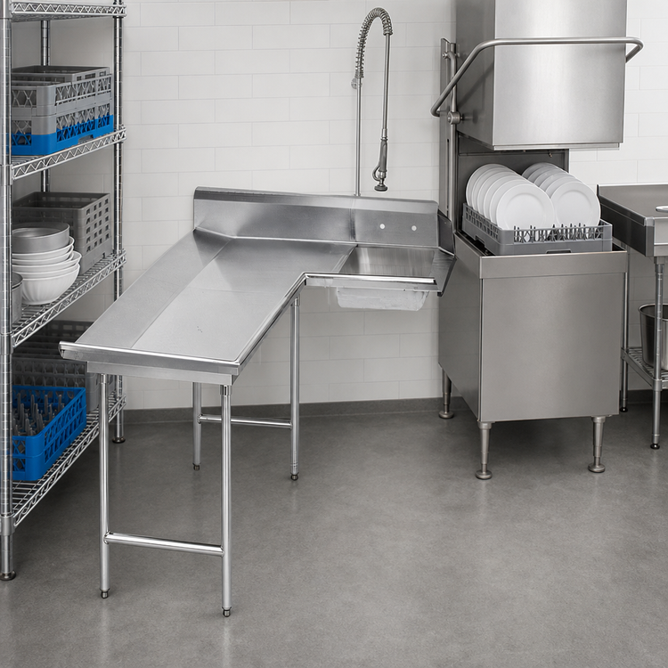 Product image #3 for Advance Tabco Left-Hand L-Shaped Dish Landing Soil Dishtable with Pre-Rinse Sink, 59 Inches Long, 304 Stainless Steel