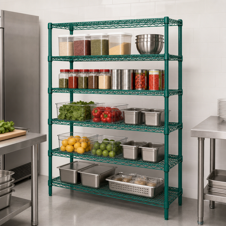 Product image #3 for Quantum 72"W x 21"D x 63"H Wire Shelving Starter Kit, Stationary, Green Epoxy Antimicrobial Finish, 5 Shelves