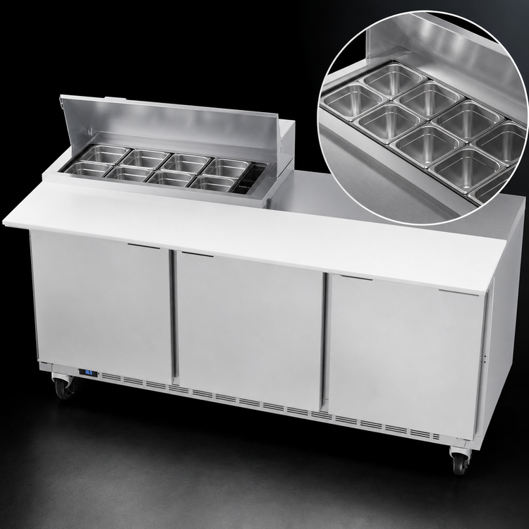Product image #4 for Beverage-Air SPE72HC-08C Three-Section Sandwich Top Refrigerated Prep Table, 72 Inch, 3-Door, 8-Pan
