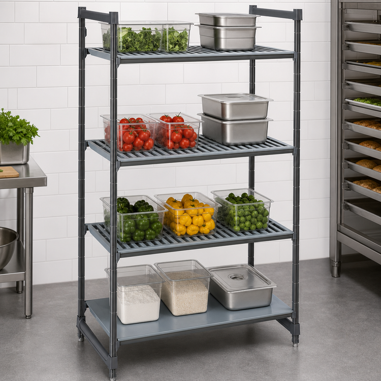 Product image #3 for Cambro Camshelving Basics Plus 4-Tier Stationary Starter Polymer Shelving Unit, 24 x 36 x 64 Inches, Mixed Vented/Solid Shelves, Brushed Graphite