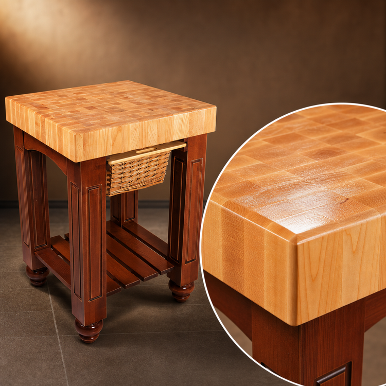 Product image #4 for John Boos American Heritage Gathering Block Butcher Block Work Table with 4-Inch End Grain Maple Top and Wicker Basket, 25 x 24 x 36 Inches