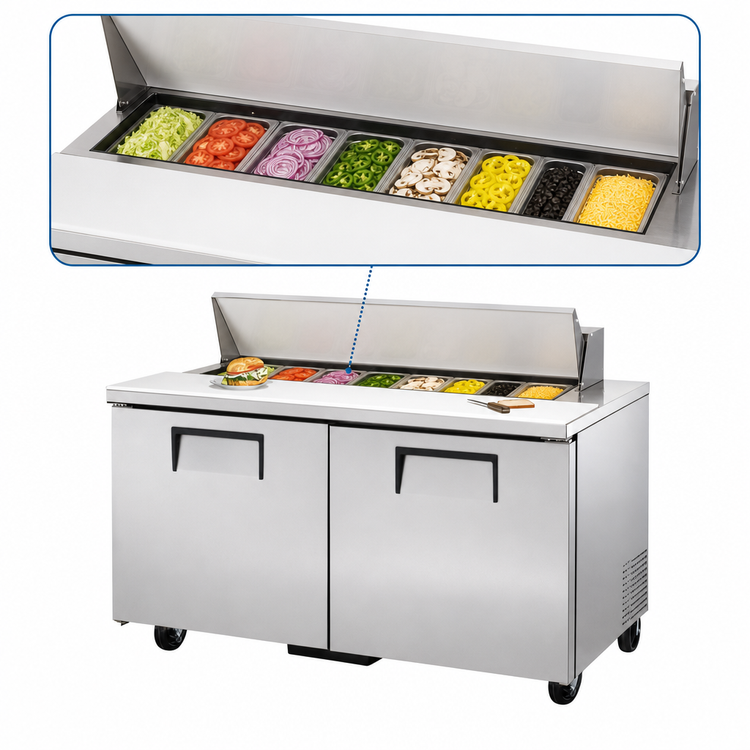 Product image #3 for True 60-Inch 2-Section Sandwich/Salad Refrigerated Prep Table with 8-Pan Top and Double-Door Base