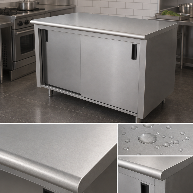 Product image #3 for 14-Gauge 304 Stainless Steel Enclosed Work Table with Sliding Doors and Mid-Shelf, 72 x 24 Inches