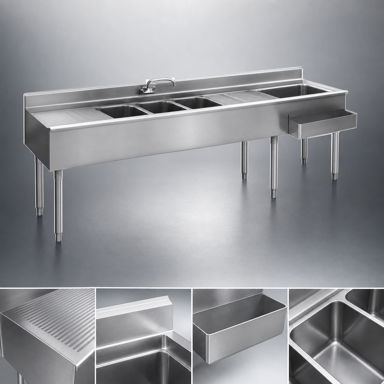 Product image #3 for Eagle Group 2200 Series 96-Inch Underbar Combination Sink Unit with 3 Bowls, Drainboards and Right Ice Bin