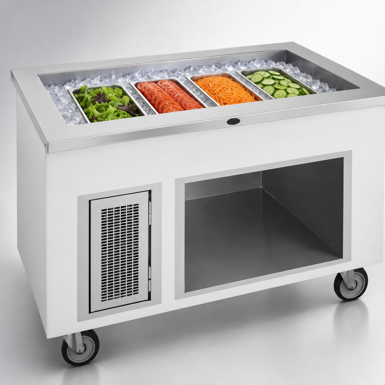 Product image #3 for Randell RANFG IC-4S Mobile Ice-Cooled 4-Pan Cold Food Table with Open Storage Base
