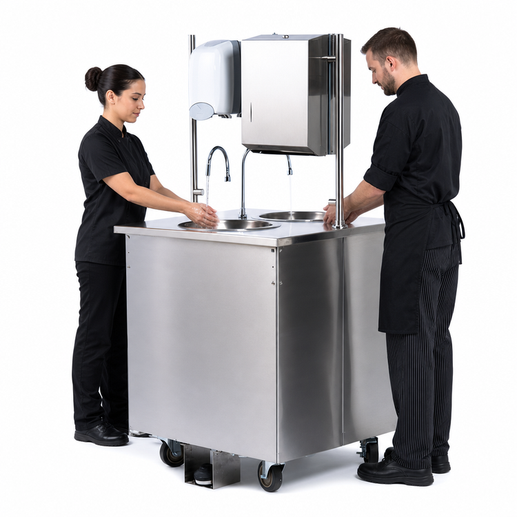 Product image #4 for Vollrath Double-Sided Mobile Stainless Steel Hand Washing Station with Dual Round Bowl Sinks and Foot Pump