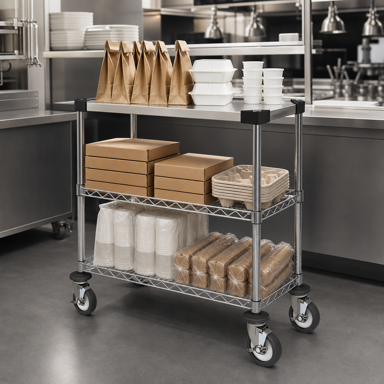 Product image #3 for Chain Reaction Drive-Thru 3-Tier Order Staging Cart with 30 x 14 Inch Stainless Steel Top