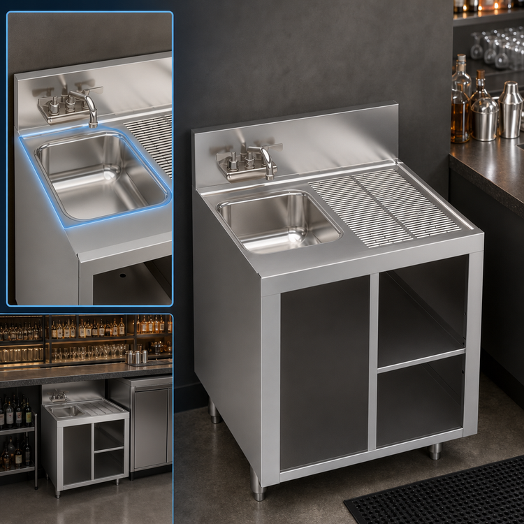 Product image #3 for Krowne Royal Series 24-Inch Stainless Steel Open Front Underbar Wet Waste Cabinet with Left Sink and Right Drainboard