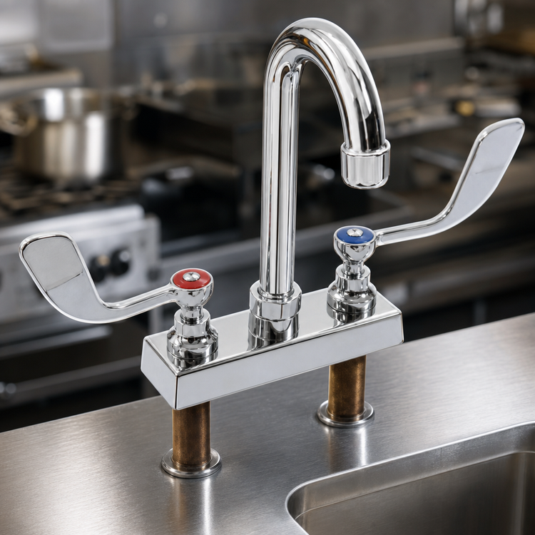 Product image #3 for Heavy Duty Deck Mounted Manual Faucet with Rigid Gooseneck Spout, Wrist Handles, 4 Inch Centers