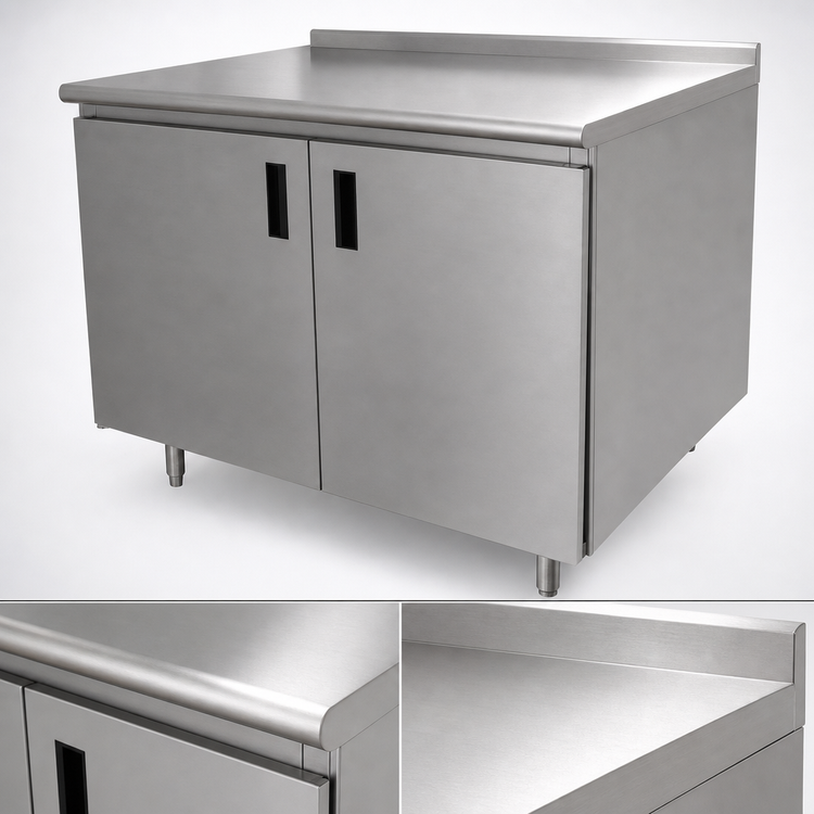 Product image #3 for Advance Tabco Enclosed Work Table with Cabinet Base, 120"W x 30"D, 14 Gauge 304 Stainless Steel Top, 1-1/2" Rear Up-Turn