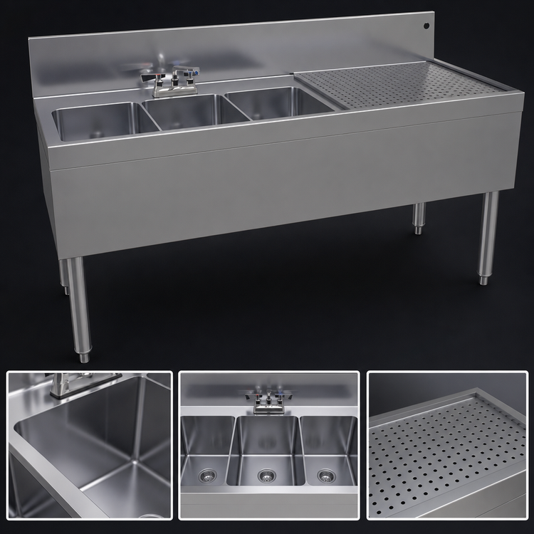 Product image #3 for Glastender Three-Compartment Underbar Sink Unit with Right Drainboard, 60" W x 24" D