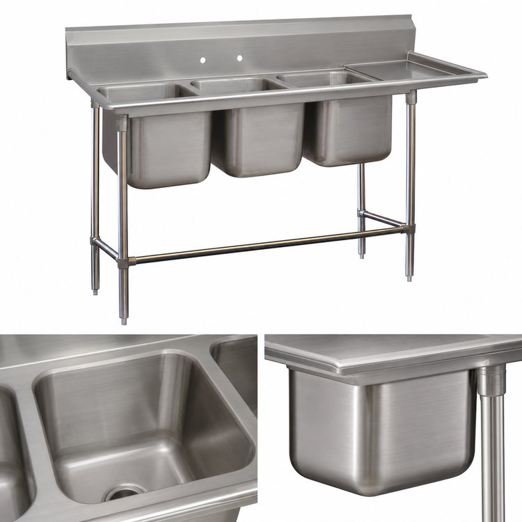 Product image #3 for Advance Tabco Regaline 3-Compartment Sink with Right-Hand Drainboard, 16" x 20" Bowls, 14-Gauge 304 Stainless Steel