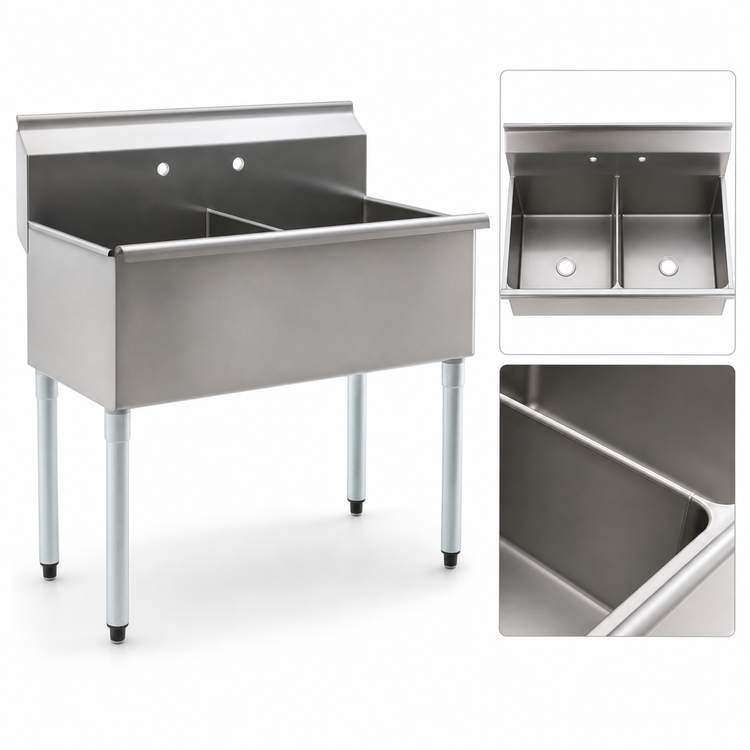 Product image #3 for Eagle Group Two-Compartment Utility Sink, 37-3/8 Inch Wide, 16-Gauge 430 Stainless Steel, Floor Model with 8-Inch Backsplash