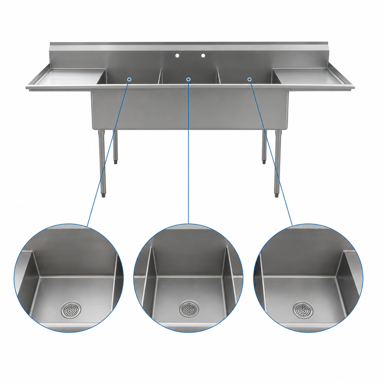 Product image #3 for Eagle Group Three-Compartment Utility Sink with Double Drainboards, 84-1/4-Inch Wide x 25-Inch Deep, 304 Stainless Steel