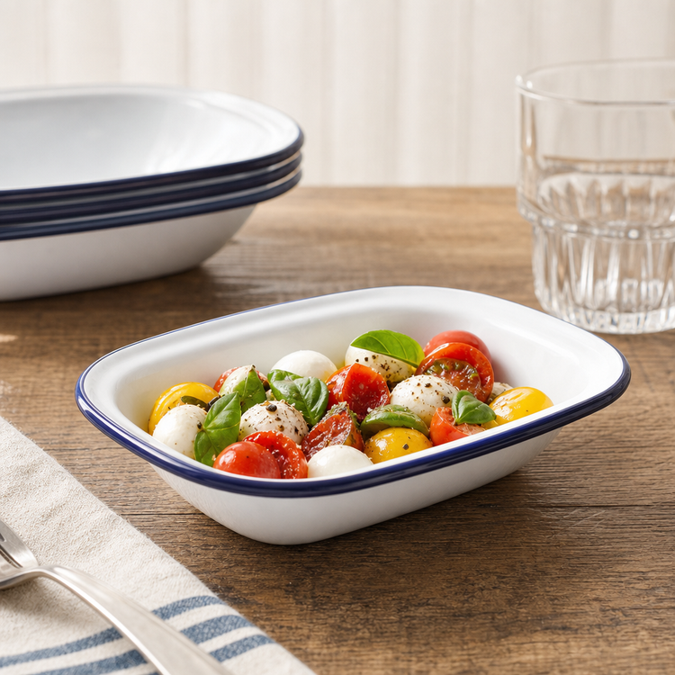Product image #3 for American Metalcraft Enamelware Oblong Serving Bowl, 16 oz., White with Blue Rim